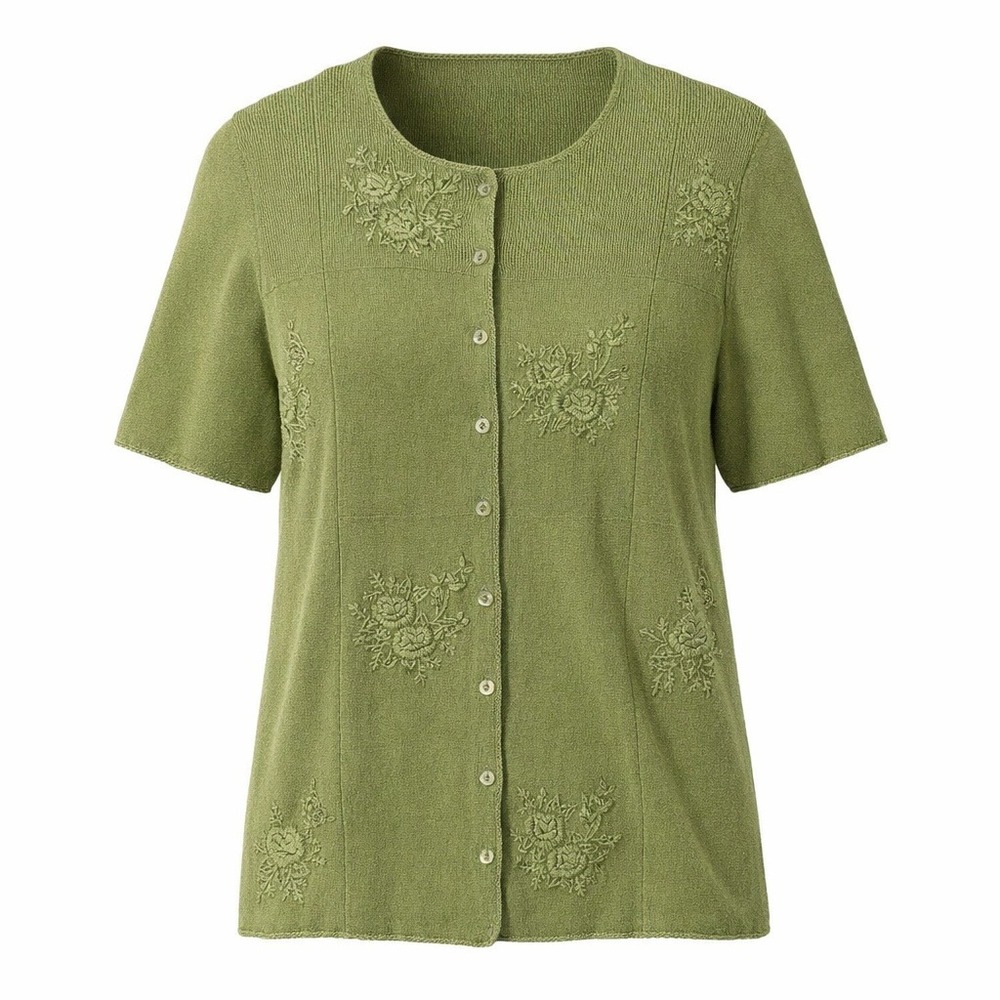 Vintage Jenny Floral Embroidered Cardigan Sweater Chartreuse Green Medium Ramie